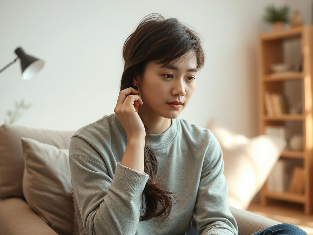 **AI Image Generation Prompt:**

Create a realistic high-resolution photo that conveys the essence of body-focused repetitive behaviors (BFRBs) for a blog titled "Body-Focused Repetitive Behaviors." The composition should be simple and clear, focusing on a single subject: a young adult sitting comfortably in a well-lit room, gently pulling their hair with a contemplative expression, reflecting the internal journey associated with BFRBs.

The background should be softly blurred, featuring a cozy, modern livi