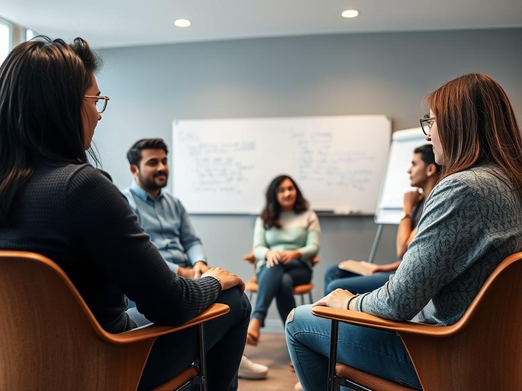 A dynamic group therapy session in progress, with diverse individuals engaged in discussion. The setting includes a circle of chairs and a whiteboard with key points written. Participants show expressions of support and understanding, illustrating the collaborative nature of group therapy.