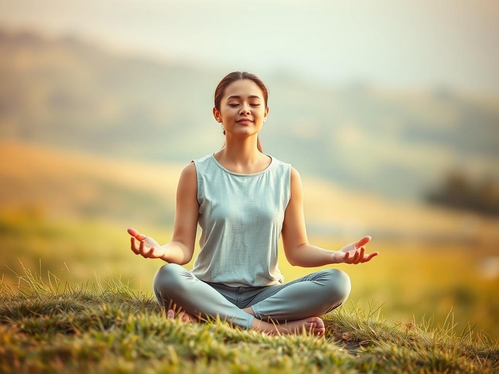 A close-up shot of a serene, contemplative person practicing mindfulness in a peaceful outdoor setting. The subject is sitting cross-legged on a soft patch of grass, with their eyes closed and a gentle smile, embodying tranquility. The background features a blurred landscape of soft greens and blues, creating a calming atmosphere. The lighting is warm and soft, evoking a sense of peace and focus. The image should capture the essence of emotional balance and mindfulness, reflecting the principles of Dialecti