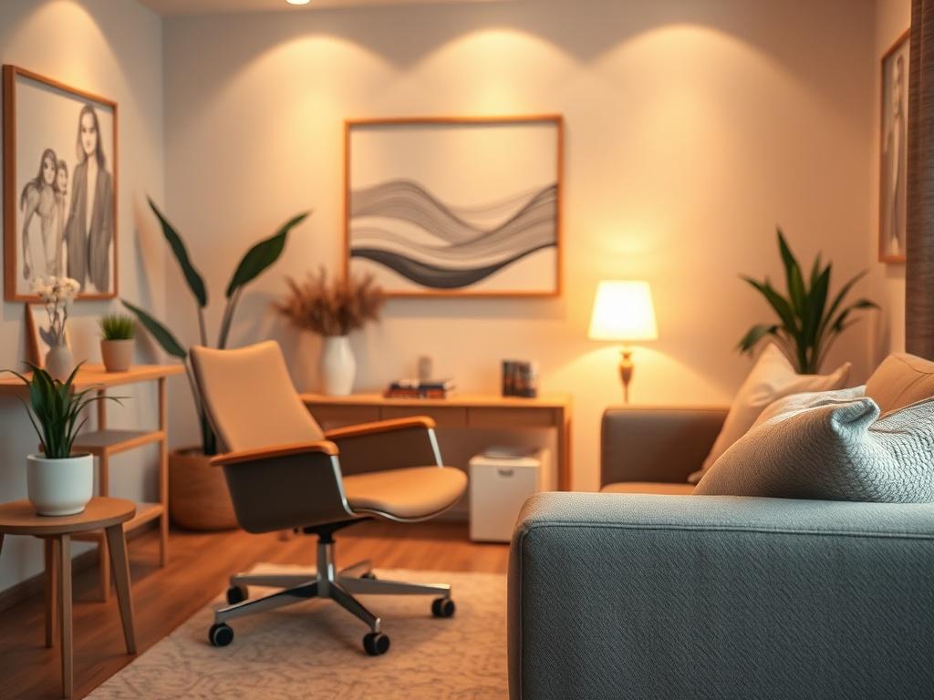 A serene therapy room with warm lighting and comfortable seating, showcasing a therapist's chair and a couch, with soft textures and calming colors. The background features soothing artwork on the walls, creating an inviting atmosphere for therapy. The composition focuses on the cozy environment, emphasizing a sense of safety and comfort. The image captures a close-up view, highlighting the tranquil ambiance, suitable for mental health therapy. The overall color theme aligns with rgb(34, 163, 157).