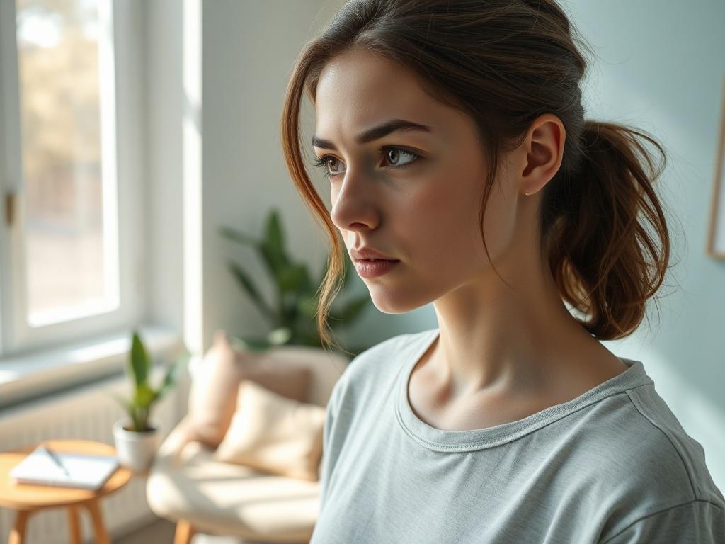 **Prompt for AI Image Generator:**

Create a realistic high-resolution photograph that captures the essence of "First Episode Psychosis." The composition should be simple and clear, focusing on a single subject: a young adult, standing in a serene therapy room. The subject appears contemplative, with a slight look of concern, reflecting the internal struggle associated with their first experience of psychosis.

The background features soft, calming colors, with natural lighting pouring in through a window, 