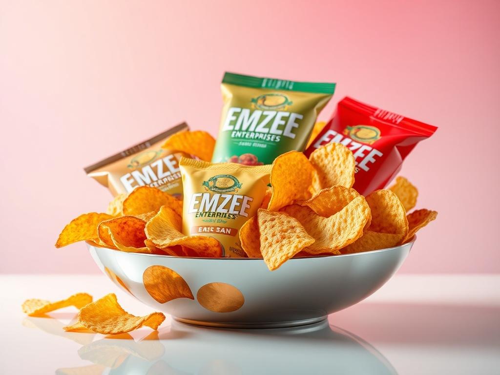 A hyper-realistic, high-resolution image of a variety of EMMZEE ENTERPRISES chips displayed elegantly in a shiny, reflective bowl. The chips should appear crispy and well-seasoned, with vibrant colors highlighting different flavors. The background should be a soft gradient of subtle colors, enhancing the shine and gloss of the chips without any distractions.