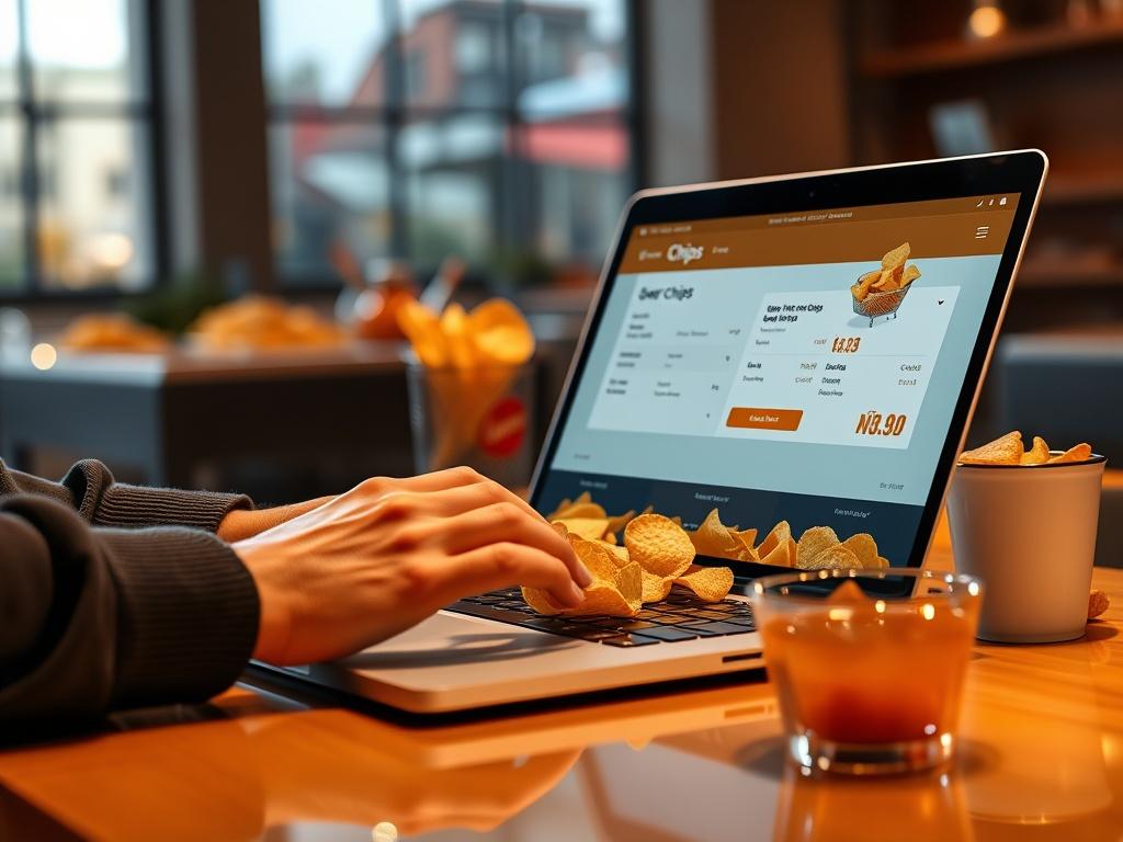 A high-resolution image of a person engaging with a laptop, showing the online ordering process for chips. The laptop screen should display a user-friendly checkout page with a cart full of chips. The setting should be well-lit, highlighting the excitement of ordering snacks.