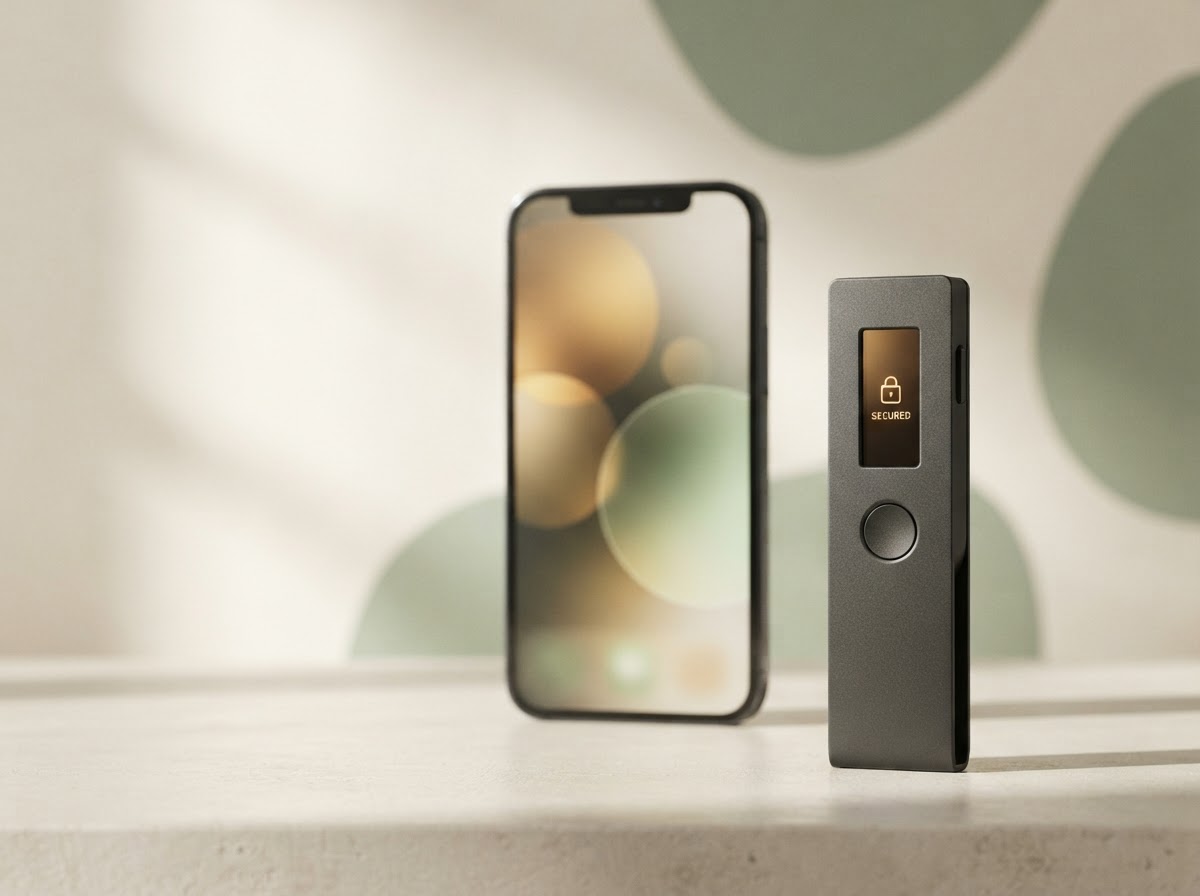 A hardware wallet beside a phone in a calm, secure setting