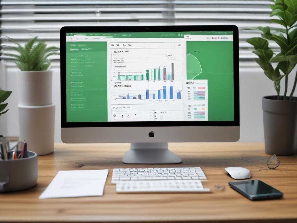 A close-up image of a sleek laptop screen displaying a tax preparation dashboard with colorful charts and checklist templates. The workspace is minimalistic with a green plant in the background, illuminated by natural light. The photo uses a color palette matching rgb(50, 170, 39) to emphasize organization and clarity.