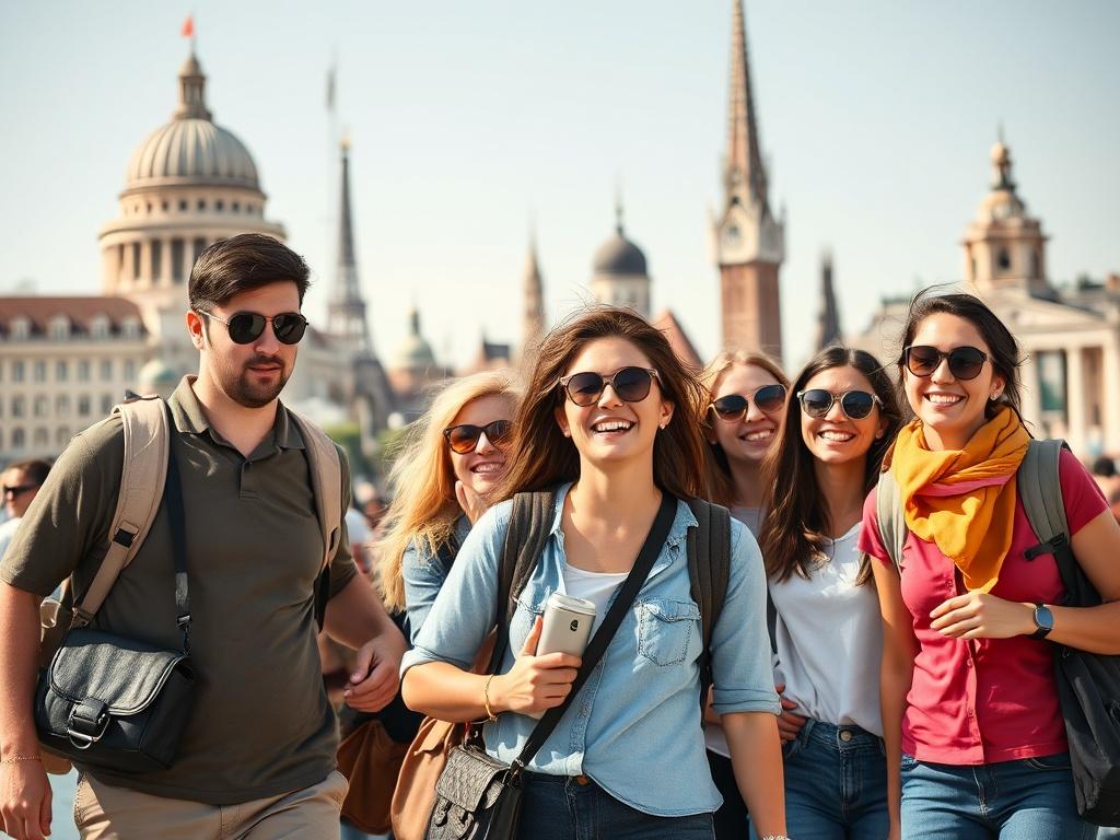 A cheerful group of friends enjoying a sightseeing tour together,