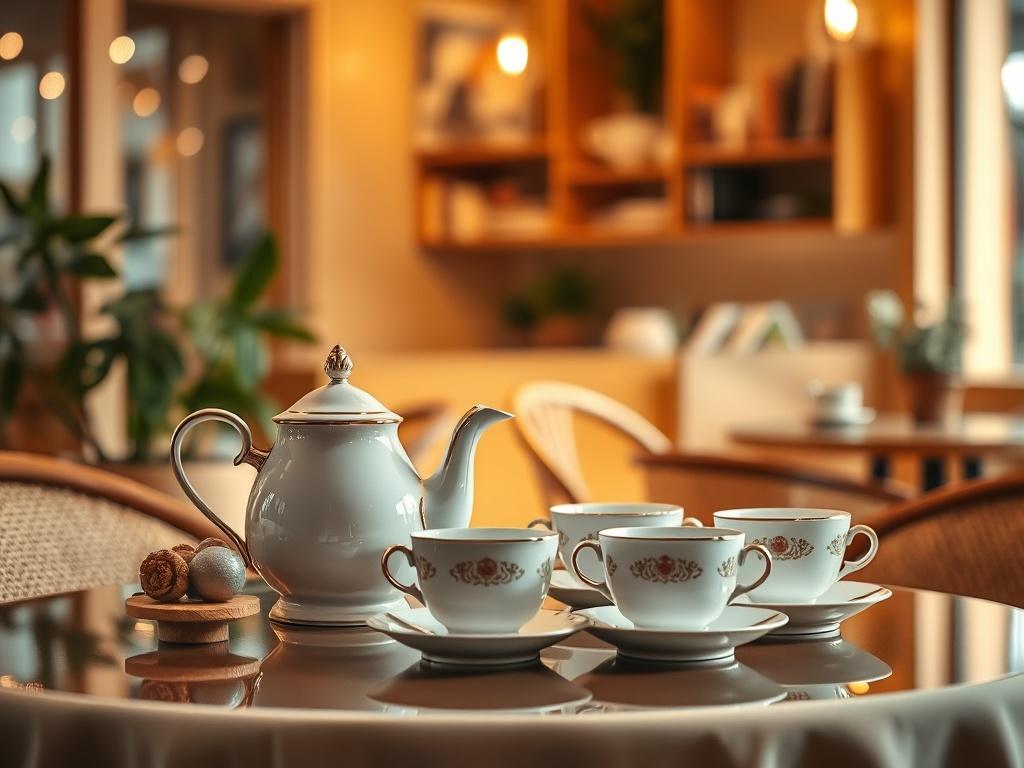 A cozy tea café setting featuring a beautifully arranged tea