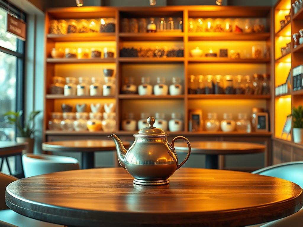 A cozy tea café interior featuring a single elegant teapot