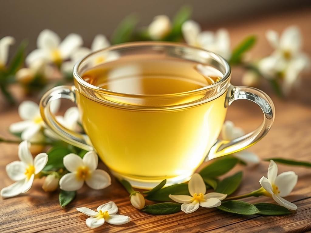 A close up of a delicate glass teacup filled with