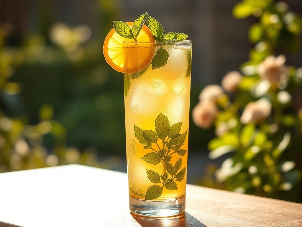 A tall glass of Mint Lemonade garnished with fresh mint