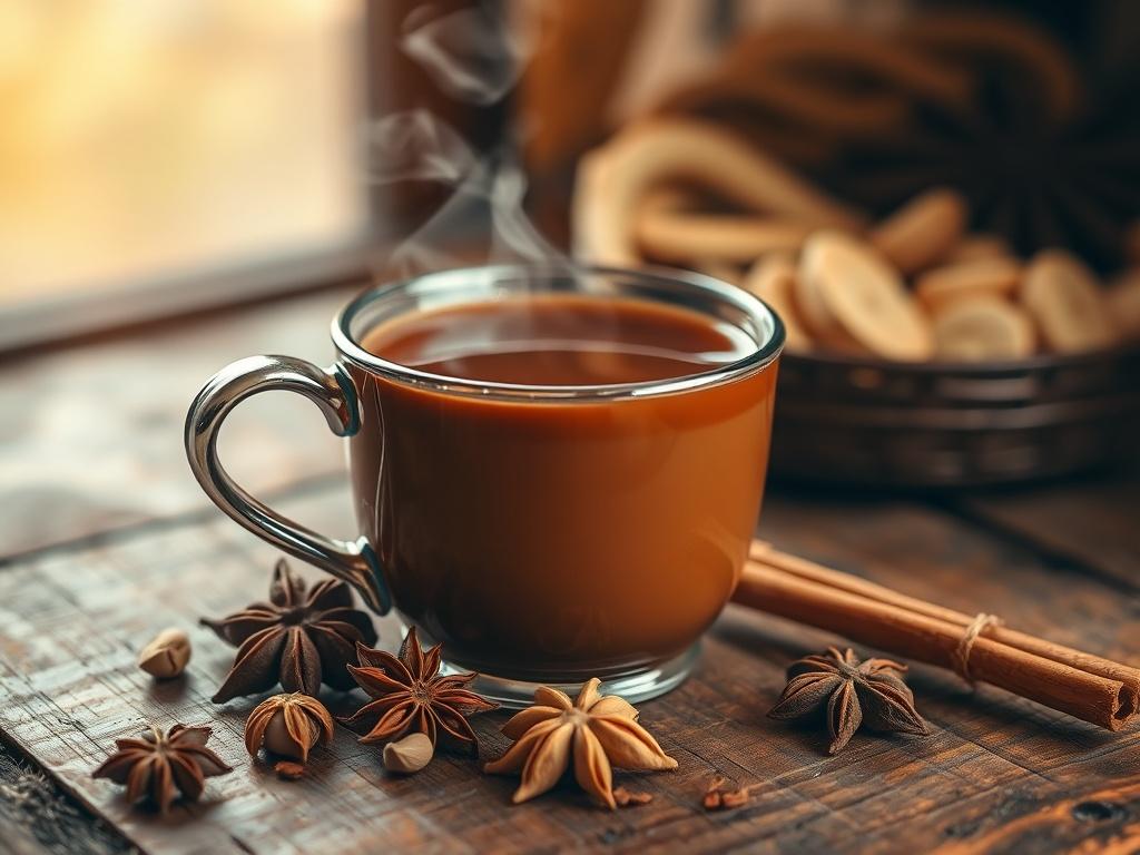 A steaming cup of Masala Chai placed on a rustic
