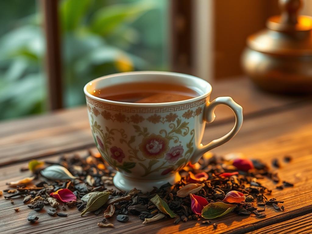**Prompt for AI Image Generation:**

Create a realistic high-resolution photo that embodies the essence of "The Art of Tea: A Journey of Flavor." The composition should feature a single subject: an elegantly crafted porcelain teacup filled with a steaming infusion of rich, golden-hued tea. The teacup, adorned with intricate floral patterns, should be positioned on a rustic wooden table to convey warmth and authenticity.

Surrounding the teacup, place a selection of loose tea leaves, showcasing the variety o