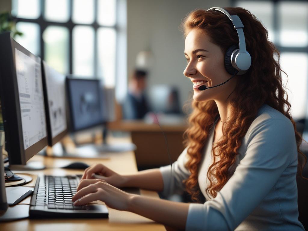 A close-up shot of a virtual assistant in a headset, engaging in a customer support call with a warm smile. The workspace is bright and inviting, with a computer screen displaying customer support software. The background is simple and focused on the subject, captured in a hyper-realistic style, shot with a 45mm f/1.2 lens.
