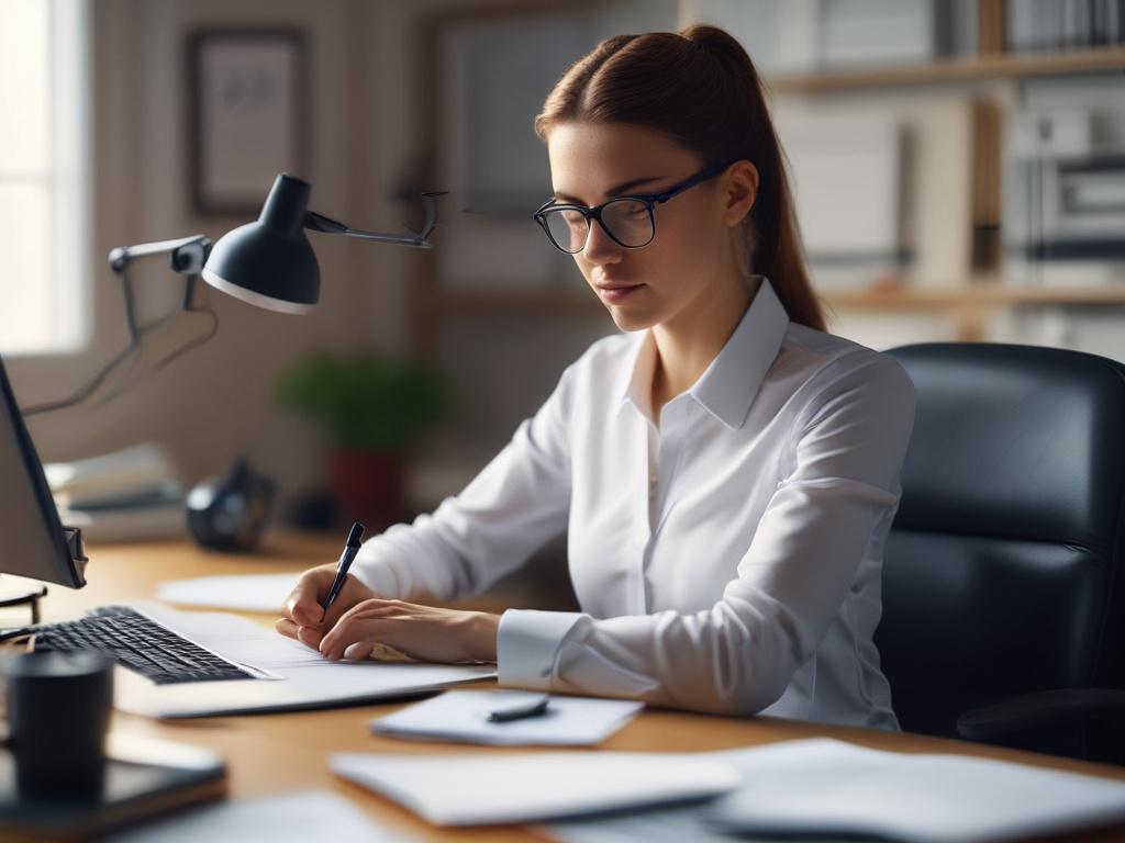 A close-up shot of a professional virtual assistant working diligently at a desk filled with organized paperwork and a laptop. The assistant is focused and engaged, surrounded by soft natural light coming through a window, creating a warm and inviting atmosphere. The background is simple and clear, emphasizing the subject in a hyper-realistic style, shot with a 45mm f/1.2 lens.