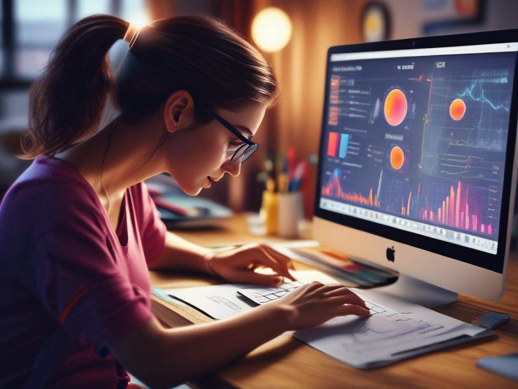 A close-up shot of a virtual assistant analyzing social media metrics on a laptop, surrounded by colorful graphs and charts. The setting is bright and modern, with soft lighting that highlights the assistant's focused expression. The background is clean and uncluttered, emphasizing the subject in a hyper-realistic style, shot with a 45mm f/1.2 lens.