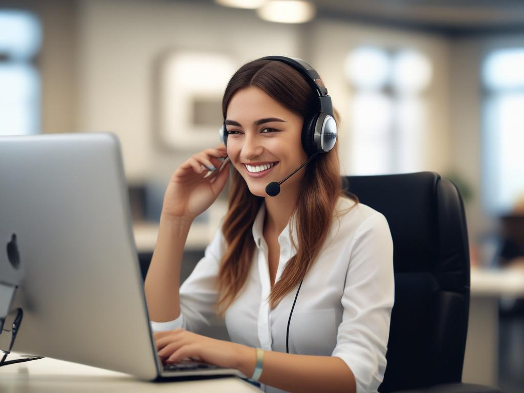 A virtual assistant on the phone with a headset, smiling