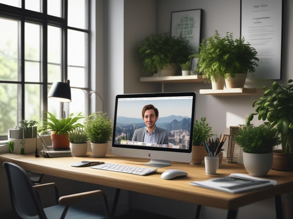 A professional virtual assistant sitting at a modern desk, focused