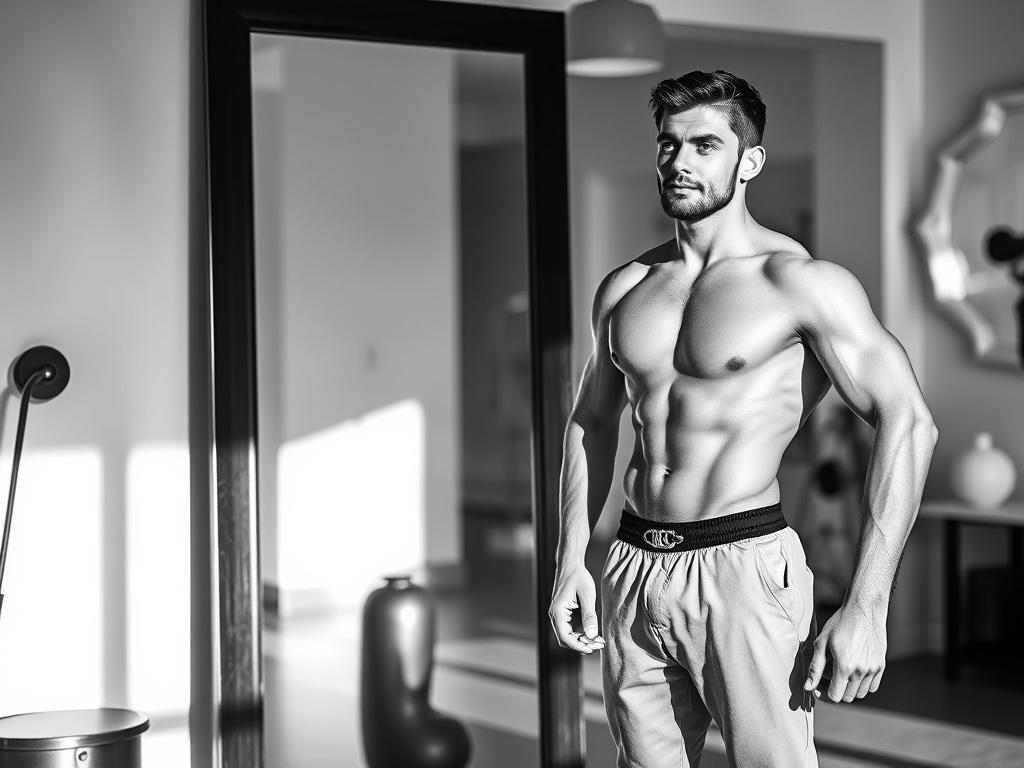 A realistic high-resolution black and white image showcasing a confident individual standing in front of a mirror, admiring their toned physique post-body sculpting treatment. The background reflects a fitness-oriented environment with minimalistic decor, highlighting the individual's transformation and the sense of accomplishment. Natural light accentuates the subject's features and physique, creating a positive and empowering atmosphere.