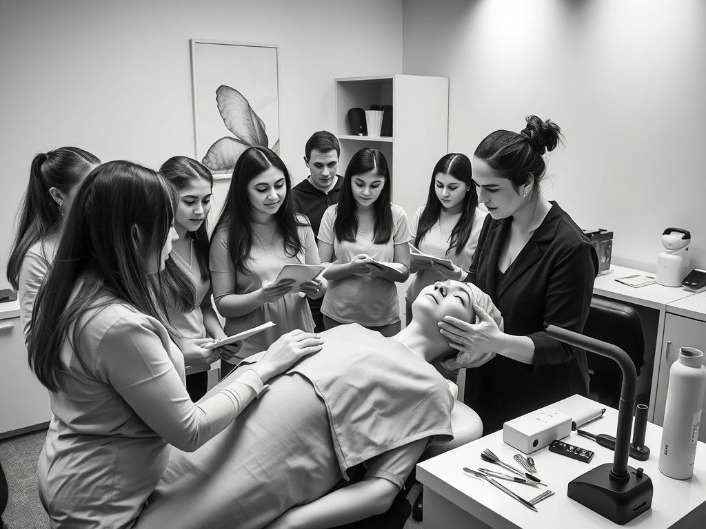 A realistic high-resolution black and white image depicting a group of enthusiastic students engaged in a hands-on training session for aesthetics treatments. The instructor is demonstrating a technique on a model, while students observe attentively, taking notes. The classroom setting is professional yet inviting, with tools and equipment neatly arranged, emphasizing a focus on education and skill development.