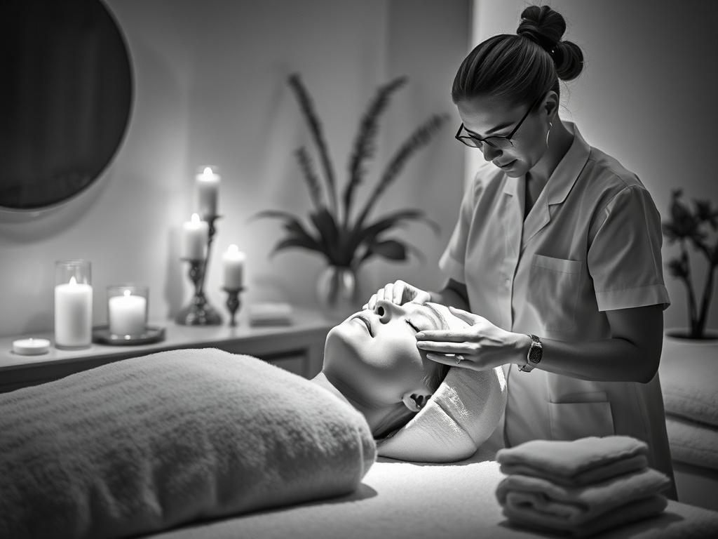 A realistic high-resolution black and white image of a serene spa environment, featuring a skilled aesthetician performing a facial treatment on a relaxed client, with soft, ambient lighting creating an atmosphere of tranquility. The aesthetician is focusing on the client's face, showcasing care and professionalism, while the background includes elegant decor elements like candles and plants, enhancing the soothing ambiance.