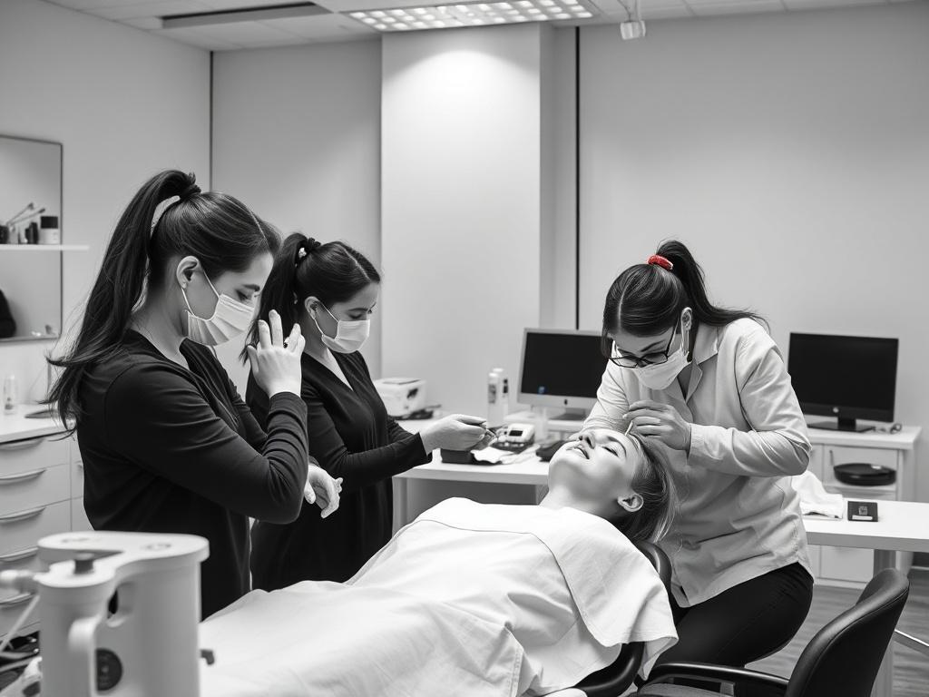 A dynamic classroom scene with students engaged and practicing aesthetic techniques under the guidance of an instructor. The focus is on the hands-on training experience, set against a sophisticated black and white background.