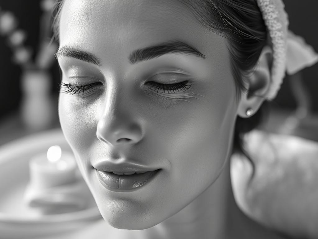A close-up of a woman's serene face showcasing clear, glowing skin, with a soft-focus background of a tranquil spa setting in black and white. The lighting highlights the contours of her face, emphasizing her natural beauty and radiance.
