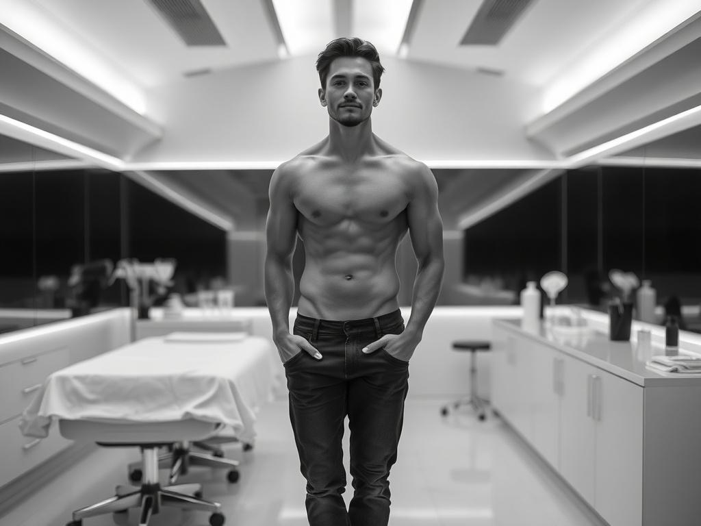 An image of a confident individual standing in a relaxed pose, showcasing a toned physique. The background features a sleek, modern aesthetic treatment room in black and white, emphasizing the professional environment.