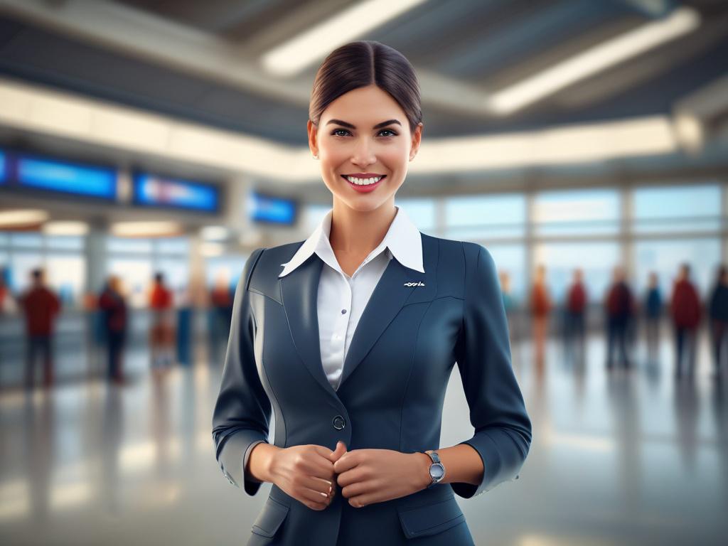 A stylish airhostess in a chic uniform standing confidently at