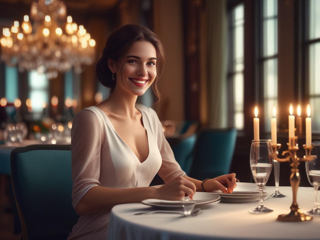 A charming young woman dressed elegantly at a beautifully set