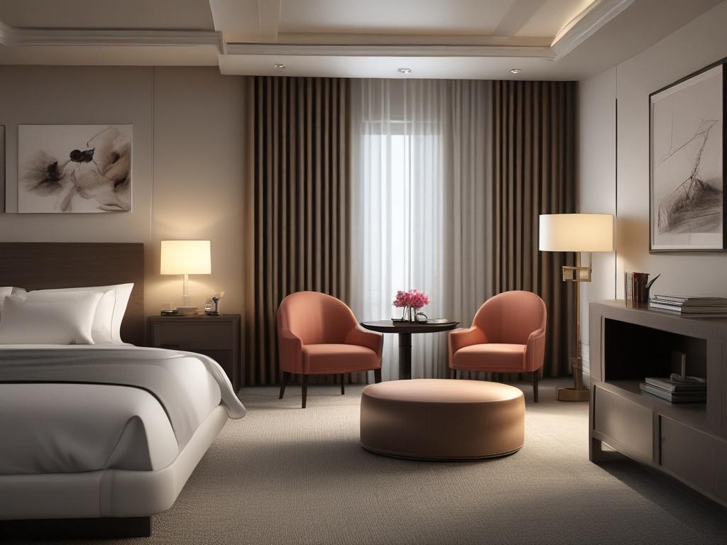A serene and elegant hotel suite with soft lighting, depicting