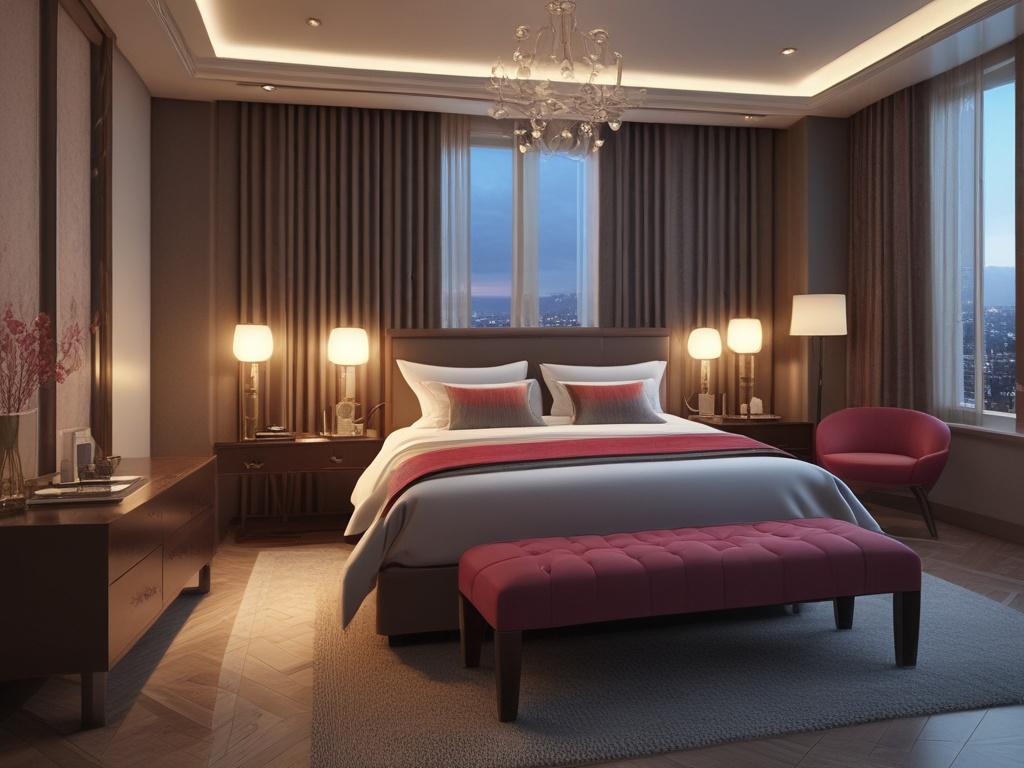 A luxurious hotel room with soft lighting, showcasing a beautiful