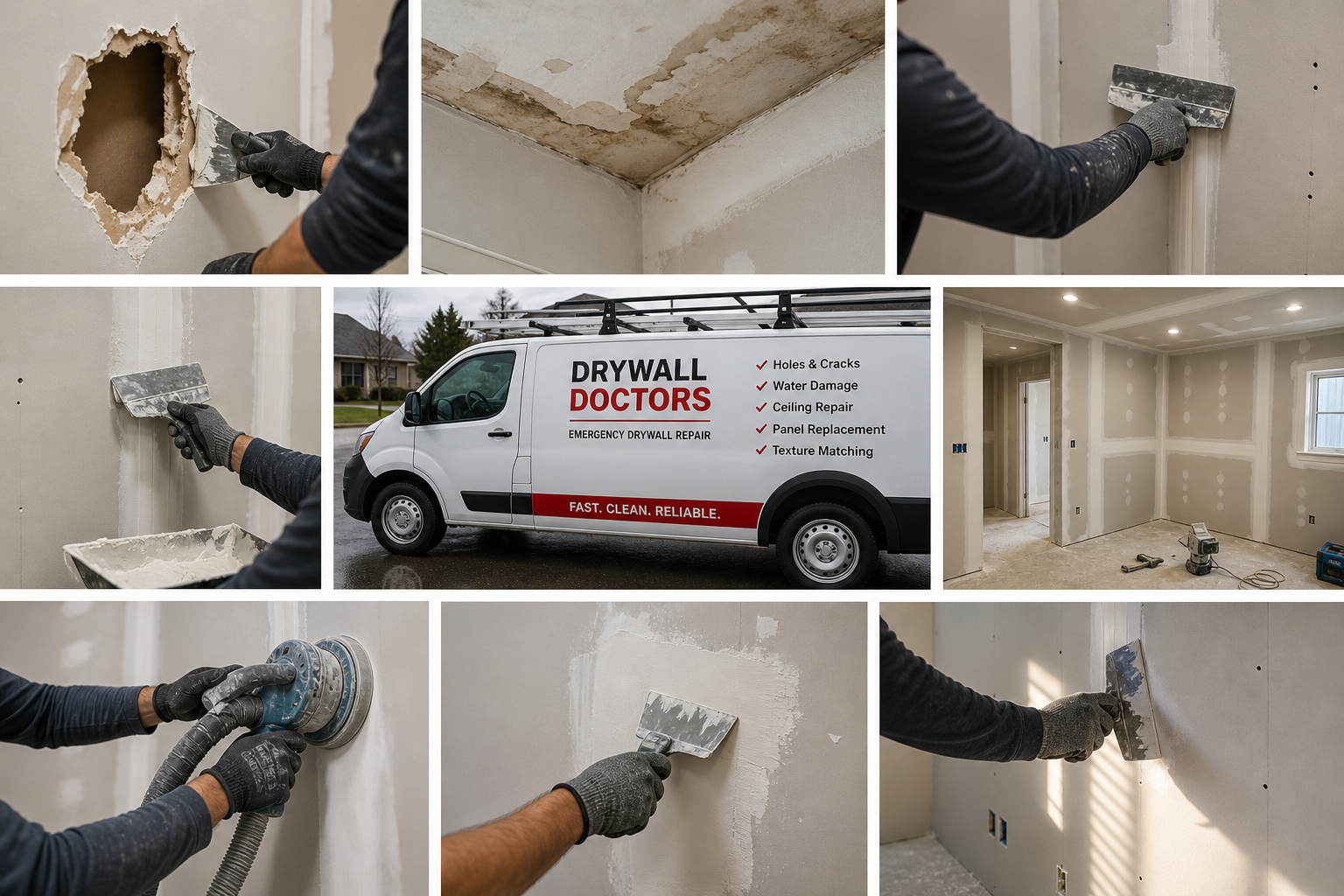 Professional drywall repair technician working on wall damage