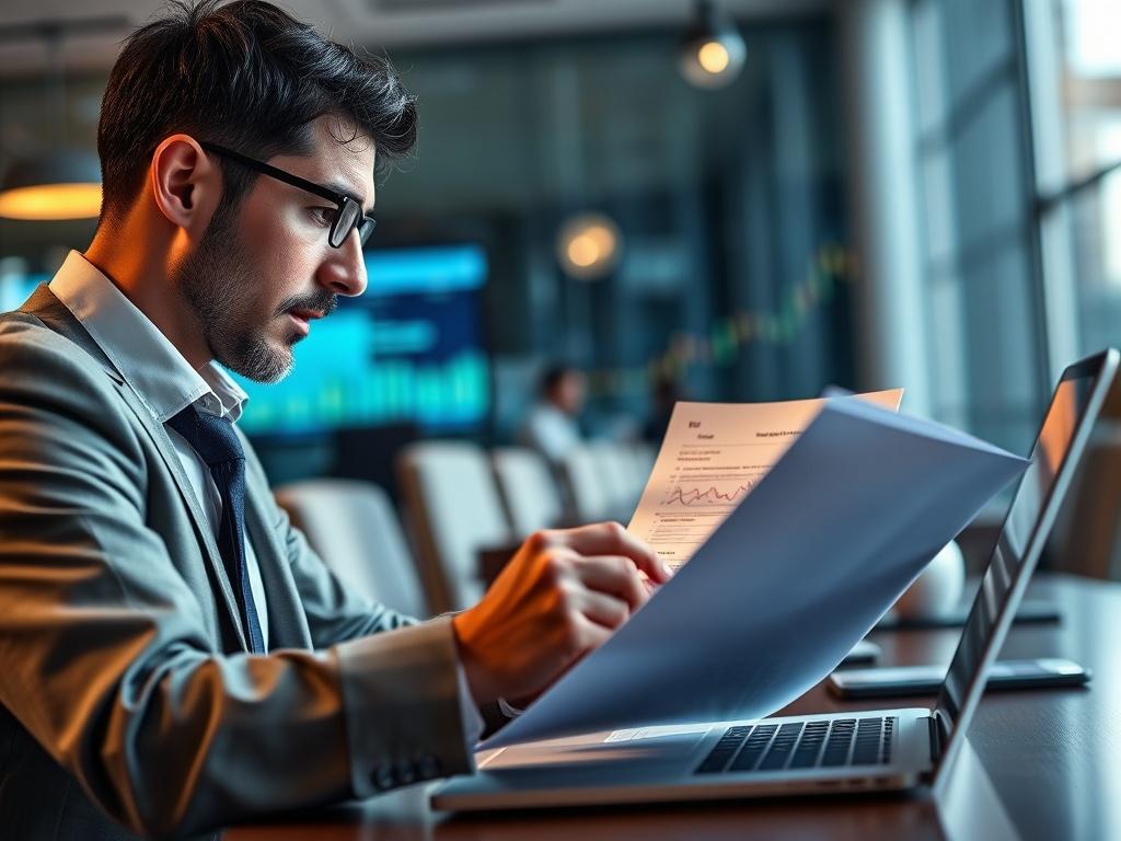 A professional consultant reviewing documents and data on a laptop,
