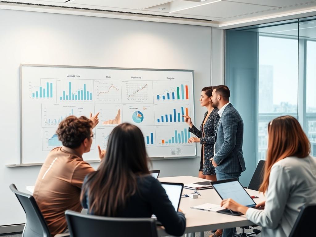 A strategic planning session in a sleek conference room, with