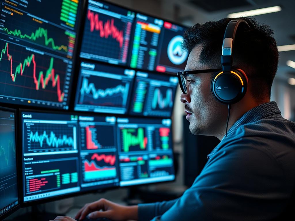 A close up shot of a professional monitoring digital transactions