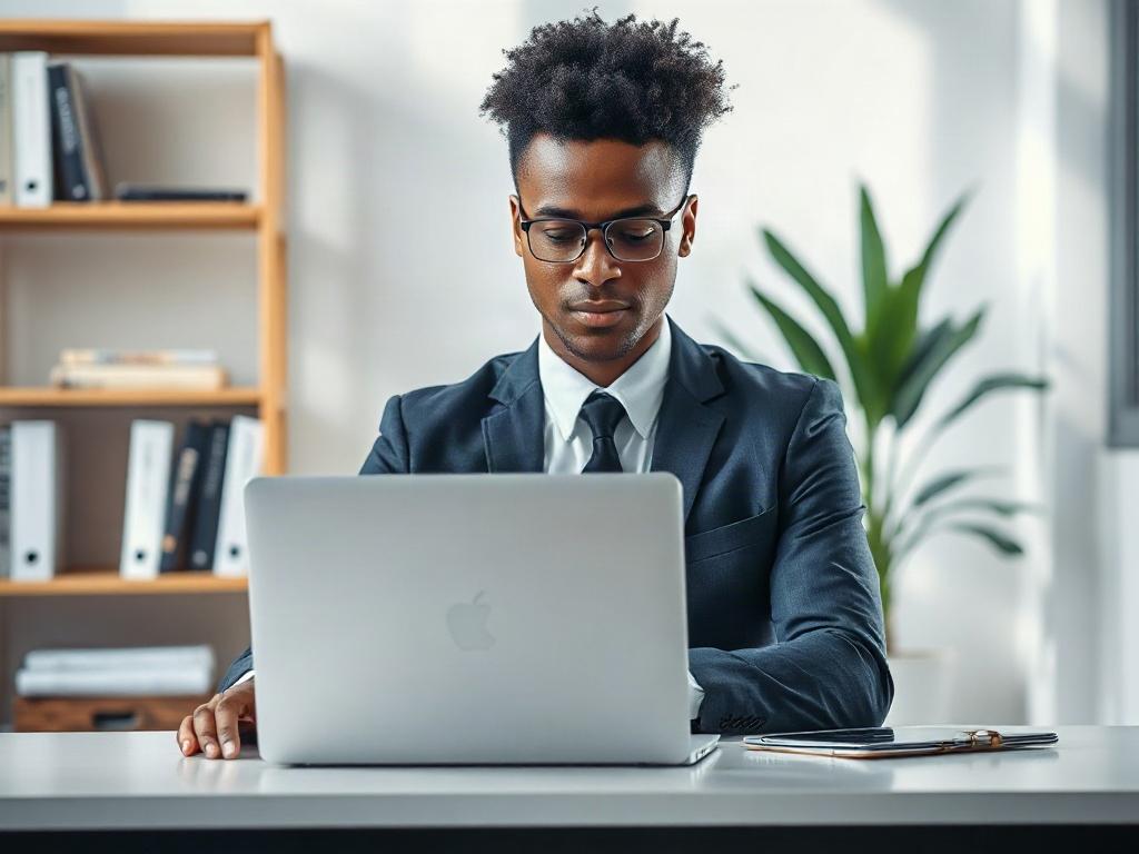 Create a hyper-realistic high-resolution photo featuring a single adult person in a professional setting. The subject should be a diverse individual, either male or female, dressed in business attire to convey the importance of professionalism. They should be sitting at a sleek, modern desk with a laptop open in front of them, intently focused on the screen as if they are actively participating in an online training session.

The background should be simple and minimalistic, featuring elements like a booksh