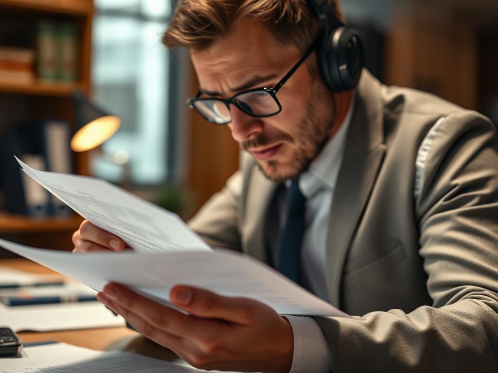 A close-up shot of a professional investigator analyzing documents in an office setting, with a focus on the investigator's hands and the papers. The background should be softly blurred, emphasizing the investigator's concentration and the details on the documents. The image colors should align with rgb(50, 170, 39).
