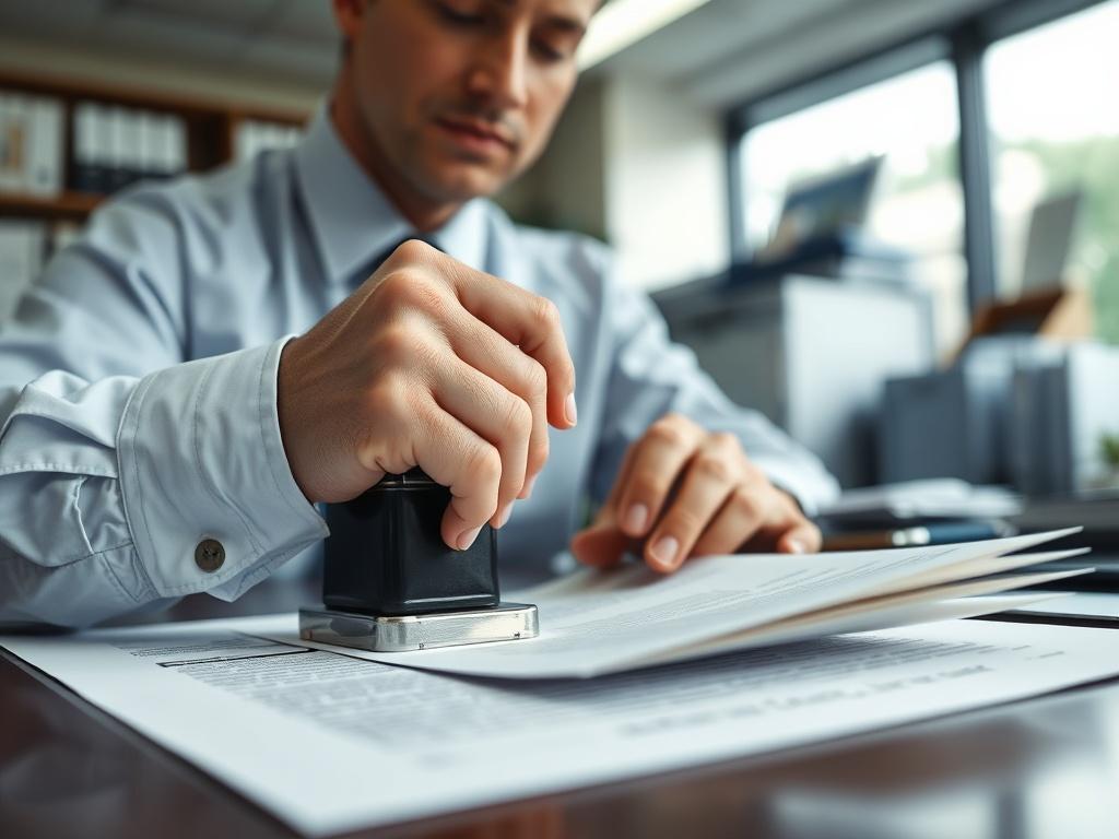 A close-up shot of a notary public stamping a document in a well-lit office, showcasing the stamp and document details. The background should be neatly organized, reflecting a professional environment. The colors should align with rgb(50, 170, 39).