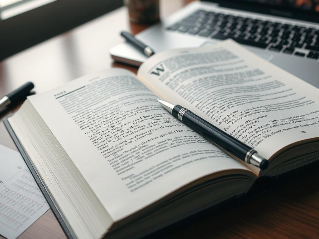 A close-up shot of an open book on a desk, with a pen lying next to it and a laptop in the background, symbolizing the writing and publishing process. The focus should be on the book pages with clear text, and the colors in the image should match rgb(50, 170, 39).