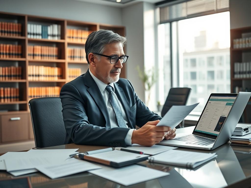 Prompt for AI Image Generation:

Create a realistic high-resolution photo featuring a professional legal consultant seated at a modern desk, deeply engaged in reviewing case documents related to litigation support services. The consultant should be a middle-aged individual, wearing a tailored suit, with a focused expression that conveys deep concentration. The desk should be organized, showcasing scattered legal documents, a laptop open displaying a legal research program, and a legal pad with handwritten n