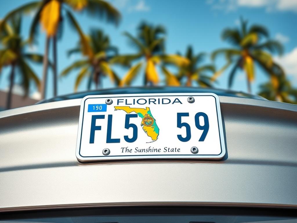 **AI Image Generation Prompt:**

Create a realistic high-resolution photo featuring a single, focused subject: a close-up of a Florida license plate with a new design prominently displayed. The license plate should be affixed to the back of a luxury vehicle, revealing the vehicle's sleek lines and polished surface. The background should be a sunny Florida street scene, showcasing palm trees and a clear blue sky, providing context to the setting without detracting from the main subject. 

Ensure that the lic