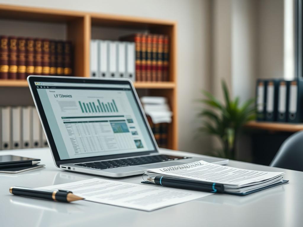 Create a hyper-realistic, high-resolution close-up image focused on a well-organized workspace that exemplifies litigation support. The composition should center on a sleek, modern desk equipped with essential tools of the trade: an open laptop displaying a detailed spreadsheet, a legal pad with neatly handwritten notes, and a stylus pen resting beside it. Natural light floods the scene from a nearby window, enhancing the clarity and warmth of the image. In the background, subtly blurred shelves filled with