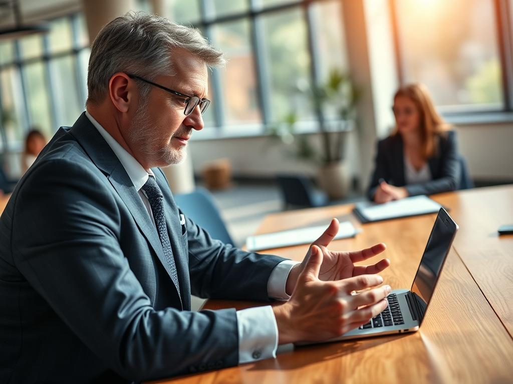 A hyper-realistic close-up shot of a confident business professional seated at a wooden desk, engaged in a focused discussion with a client. The background features a modern office environment with natural light streaming in through large windows, creating an inspiring atmosphere. The subject is dressed in business attire, exuding professionalism and approachability.