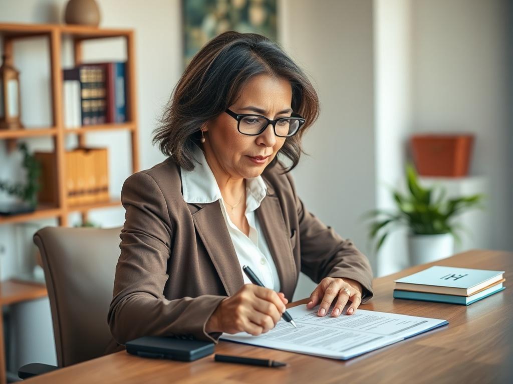 Create a realistic high-resolution photo that captures the essence of notary services for a blog titled "Understanding Notary Services: A Complete Guide." The composition should be simple and clear, featuring a single subject: a professional notary public at work. 

**Subject Matter:** The notary public, a middle-aged woman of diverse descent, should be seated at a modern wooden desk. She is focused on notarizing a document, with essential notary tools, such as a notary stamp and a pen visibly placed on the