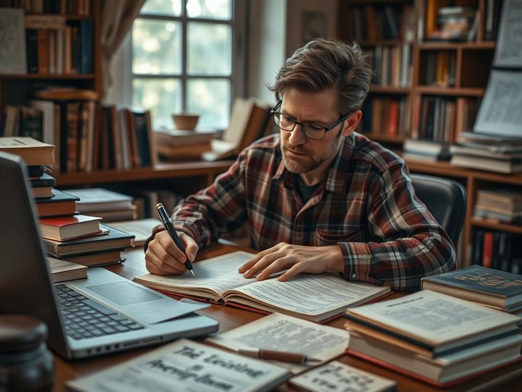 A close-up shot of an author working on a manuscript at a desk, surrounded by books and a laptop. The author appears focused and inspired, with notes and sketches scattered around, showcasing the creative process. The setting is warm and inviting, emphasizing the journey of writing and publishing, rendered in hyper-realistic detail.