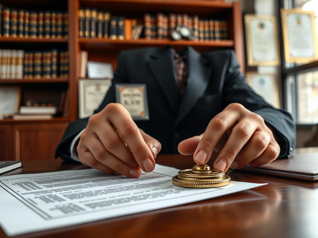 A close-up shot of a notary public stamping a document with a seal in a well-organized office. The focus is on the notary's hands and the document, highlighting the importance of legal verification. The background features shelves of legal books and certificates, creating a professional atmosphere, rendered in hyper-realistic style.