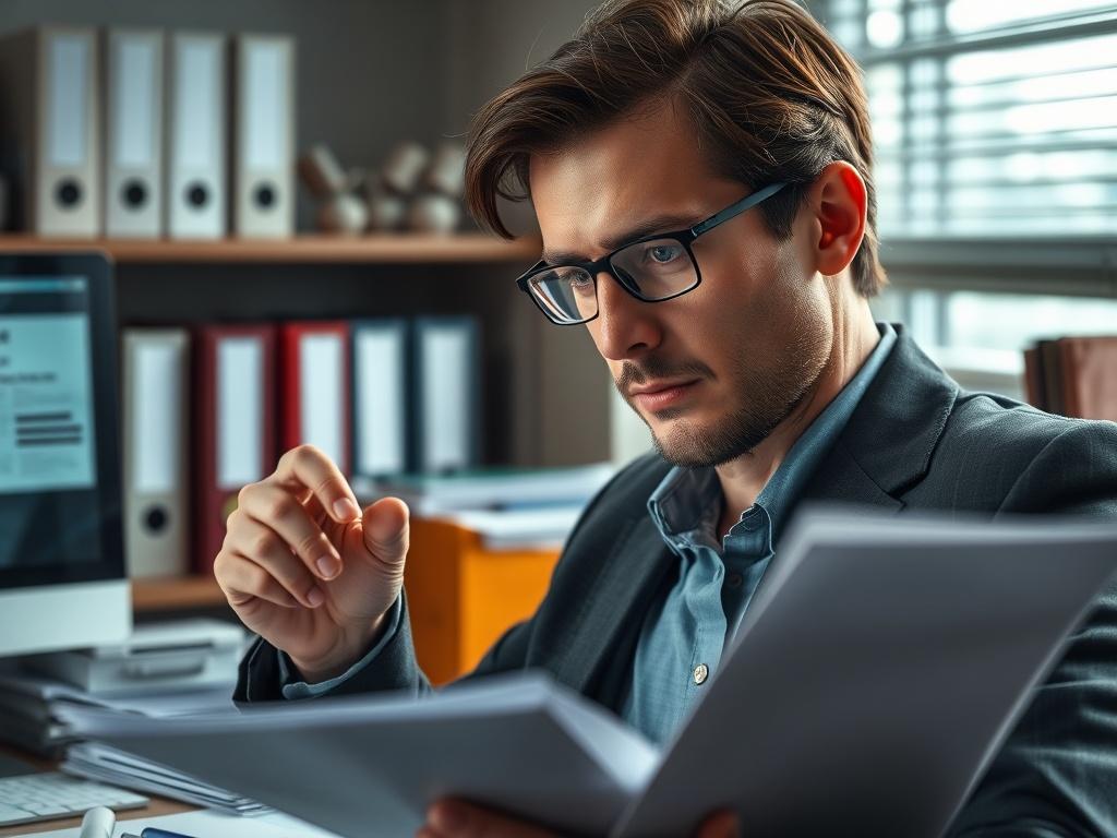 A close-up shot of a professional investigator reviewing documents and notes in a well-lit office environment, with a focused expression. The background features organized folders and a computer screen displaying legal documents. The composition emphasizes the investigator's concentration and professionalism, rendered in a hyper-realistic style, capturing the essence of diligence in legal investigations.