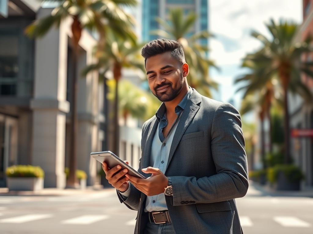 Create a realistic, high-resolution image that encapsulates the essence of navigating the Tampa real estate market. The composition should feature a single subject: a confident real estate agent standing on a sunlit city street in Tampa. The agent should be casually dressed in a smart blazer and holding a tablet or smartphone, showcasing an image of a property listing. 

In the background, utilize iconic Tampa architecture – perhaps a glimpse of the downtown skyline or a lively neighborhood with palm trees 