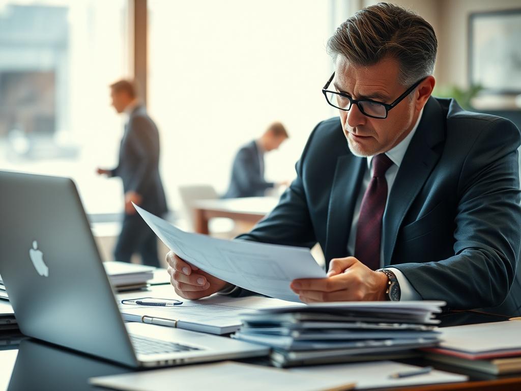 A close-up shot of a professional investigator analyzing documents. The investigator, a focused individual in a suit, is seated at a desk cluttered with files and a laptop. Soft natural light filters in through a window, illuminating the scene. The background subtly hints at a busy office environment, conveying a sense of urgency and professionalism.