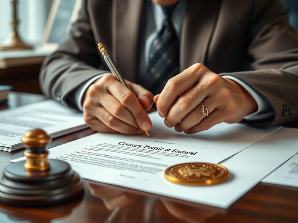 A close-up shot of a notary public stamping a legal document with a focused expression. The notary, dressed in professional attire, is seated at a desk with various legal papers and a seal in view. The background hints at an office setting, conveying professionalism and trust.